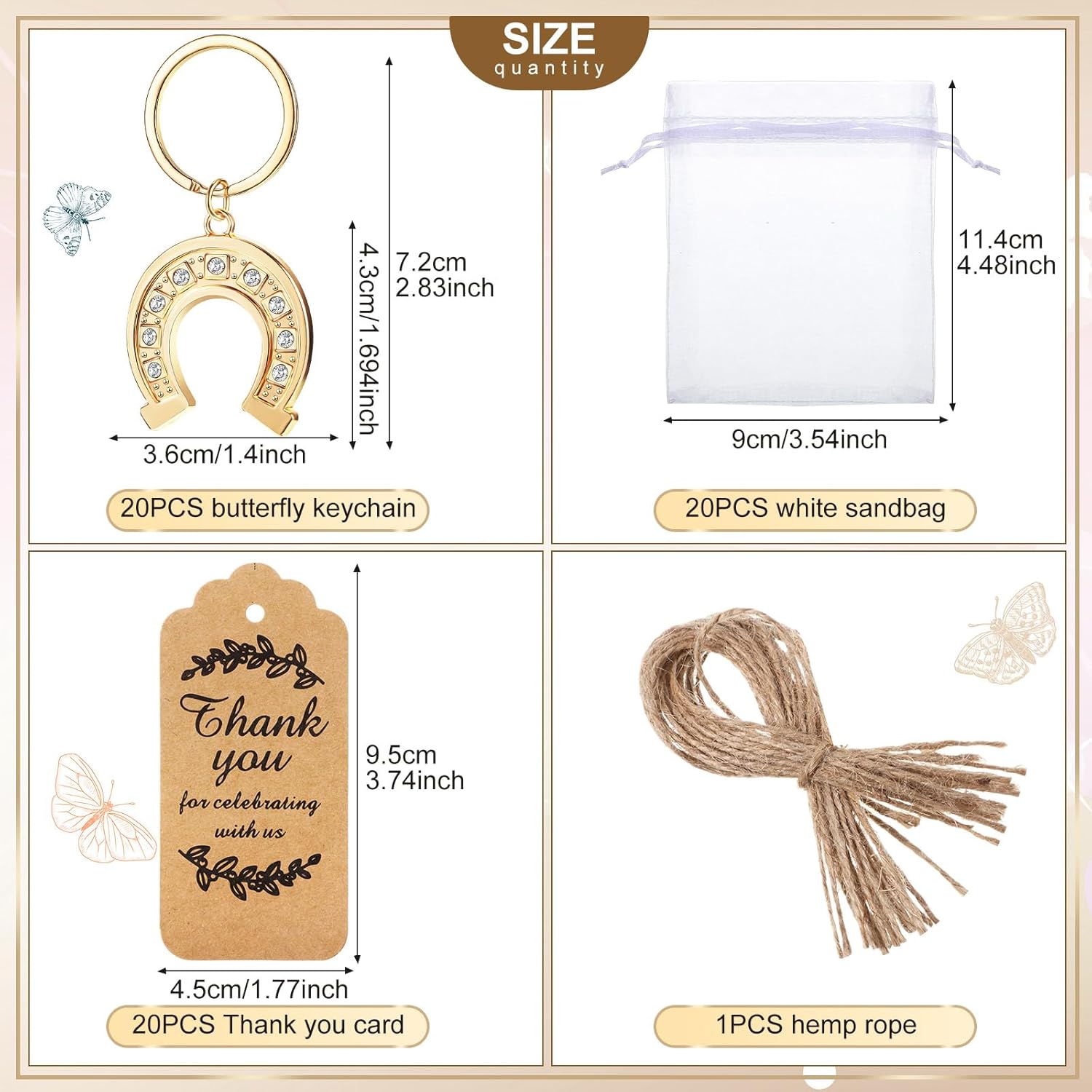 Ecation 20 Set Western Horseshoe Keychain Party Favor Bulk Cowboy Horse Shoe Keyring Purse Bag Charm with Organza Bags & Thank You Tags for Guest Horse Racing Bridal Wedding Gift(Large,Golden)