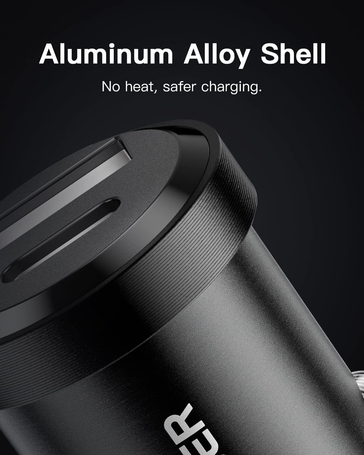 Close-up of the ESSAGER car charger's aluminum alloy shell, highlighting its heat dissipation properties.