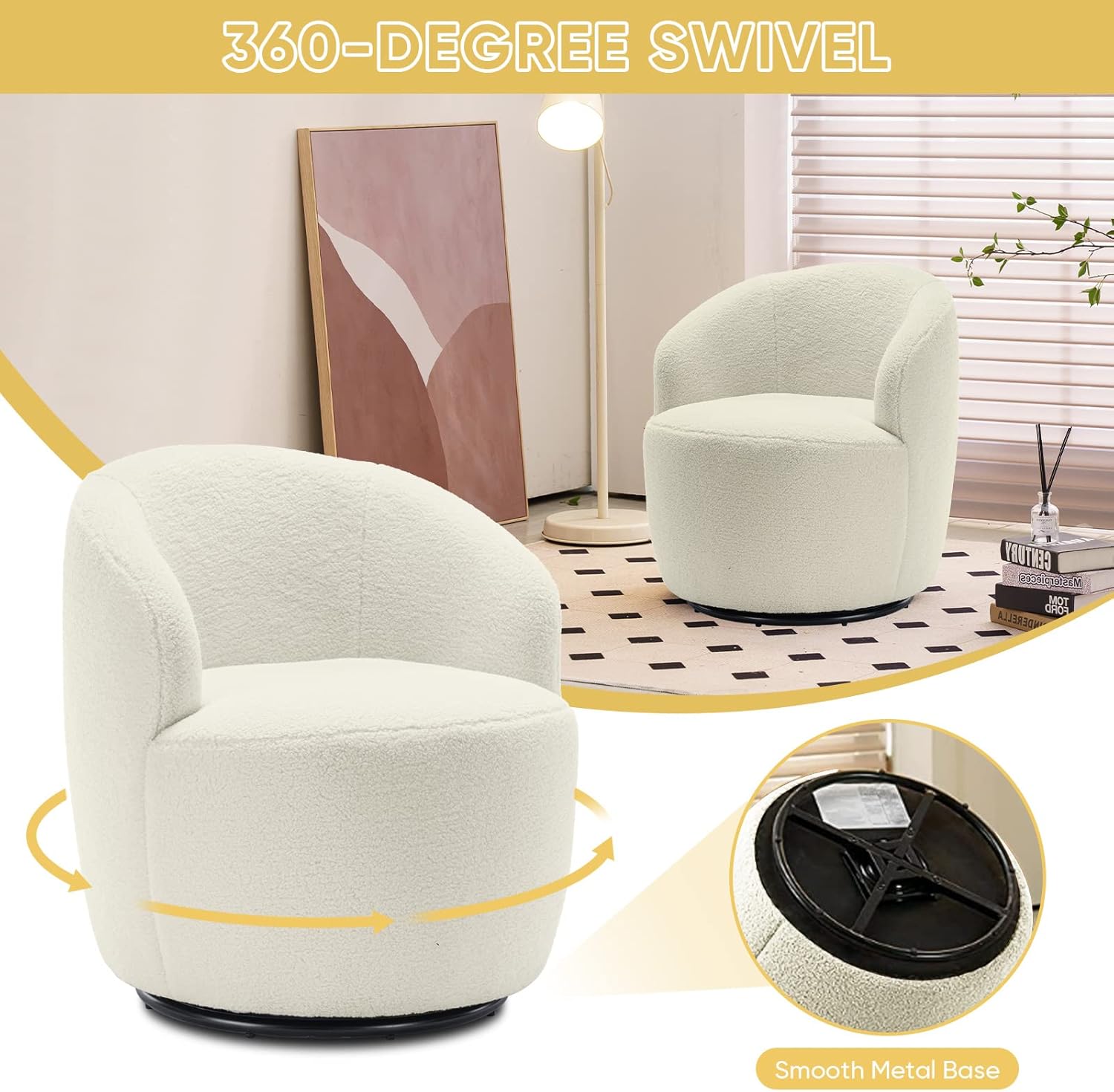 Set of 2 Swivel Barrel Accent Sofa Chair, Modern Teddy Fabric Club 360 Degree Swivel Chair, Small Leisure Arm Chair for Nursery, Living Room, Hotel, Bedroom, Office, Lounge, Ivory