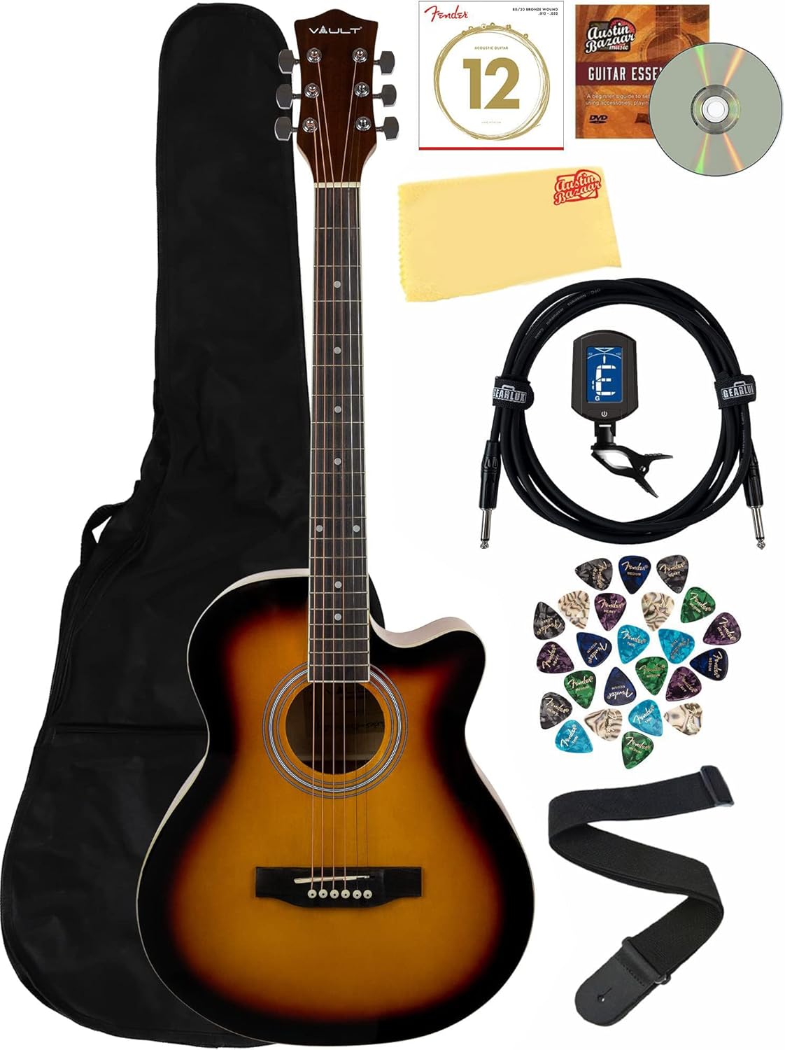 Vault EA-20CE Cutaway Acoustic-Electric Guitar (Sunburst) Bundle