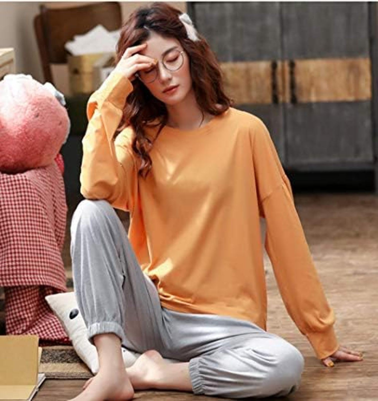 Pijamas De Mujer Primavera, Otoño E Invierno Conjunto De Color Sólido De Manga Larga De Algodón Puro De Dos Piezas,A,XL