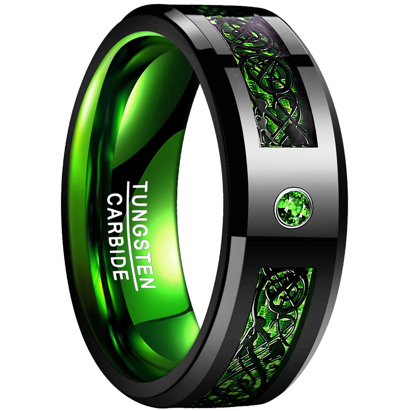 NUNCAD Anillo Hombre Mujer Unisex de Tungsteno con Zirconia Dragón Celta Verde + Fibra 8mm Talla (15-27.5)