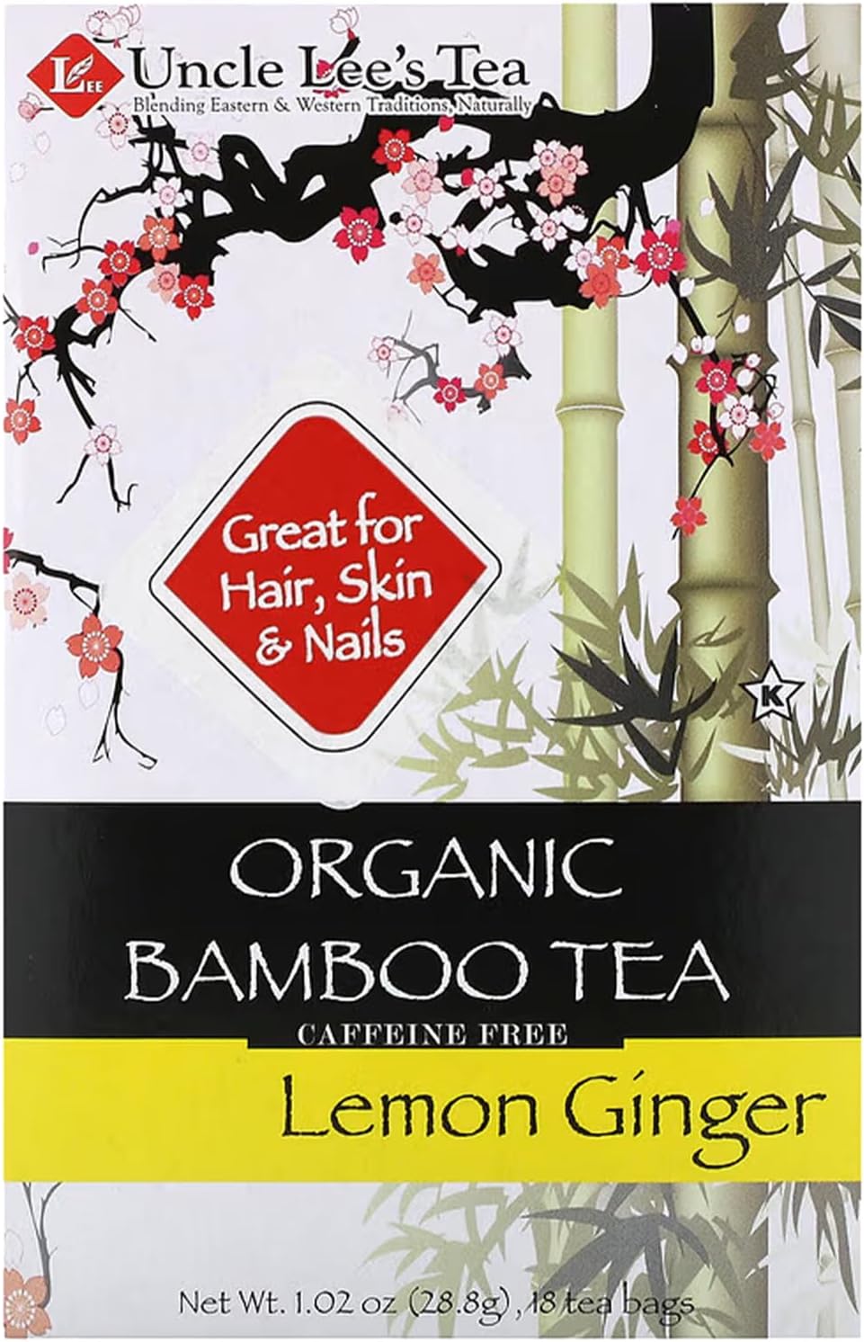 Uncle Lee's Organic Tea, Bamboo Lemon Ginger – Delicate & Refreshing Brew, Naturally Caffeine Free, Great for Hair, Skin & Nails, 18 Tea Bags