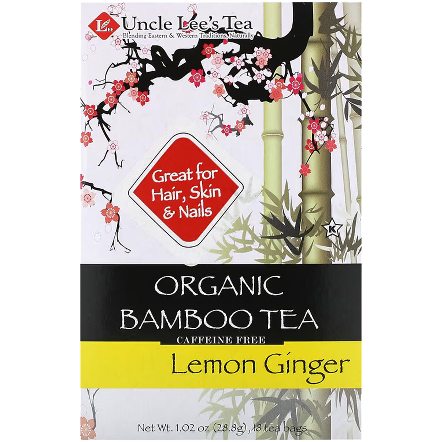 Uncle Lee's Organic Tea, Bamboo Lemon Ginger – Delicate &Refreshing Brew, Naturally Caffeine Free, Great for Hair, Skin & Nails,18 Tea Bags