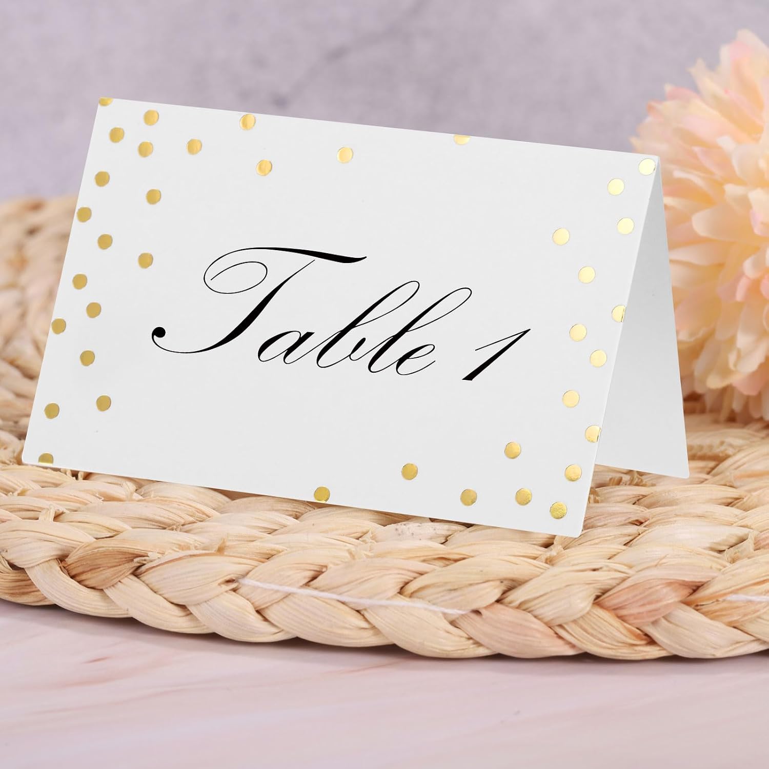 MECCANIXITY 20pcs Place Cards, Line Border Printable Place Name Cards for Table Setting Wedding Dinner Parties Events Reserved Seating, White Gold Dots