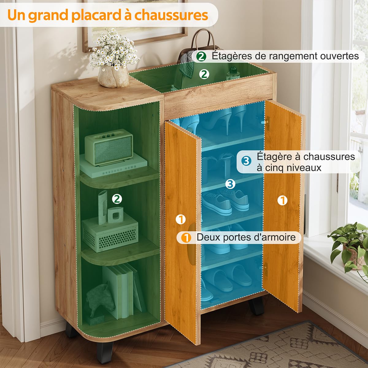Armoire À Chaussures À Deux Portes Avec Aspect Bois Et Compartiments Ouverts, Meuble Polyvalent Étroit Pour Entrée, Petit Meuble À Chaussures Pour Petits Espaces, Avec Étagère Supérieure (Naturel)
