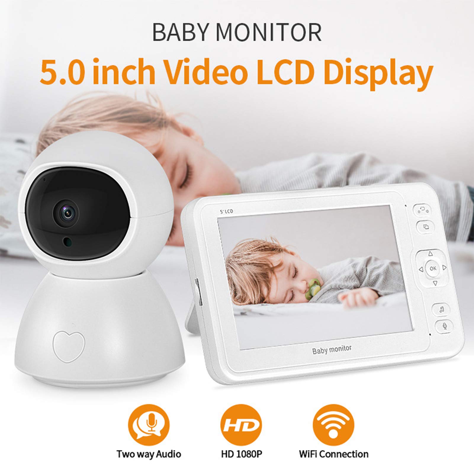 Monitor Para Bebés De 5 Pulgadas HD 1080P Con Cámara Y Audio Intercomunicador Bidireccional Nana Detección Automática De Temperatura Por Visión Nocturna