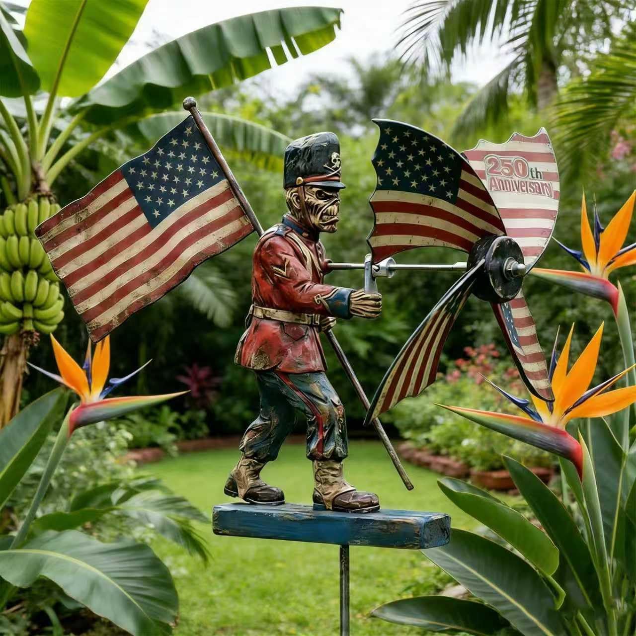 250th Anniversary Garden Wind Spinner, 1776-2026 Metal Outdoor Decor, Patriotic Soldier Wind Sculpture with American Flag, Metal Outdoor Wind Spinner Decor for Yard, Patio, Garden
