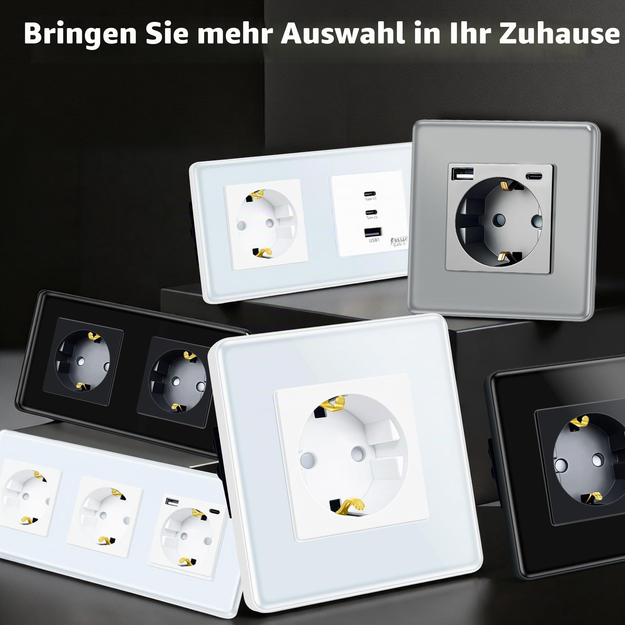 TAWOIA Schuko Steckdose Mit 65W Type C und USB Schnelllade Schnittstelle für Mobiltelefone, Tablets und Laptops,2 Fach Unterputz Mit 2,5D Curved Glas Platte, Wandsteckdosen Weiß 86 * 228mm