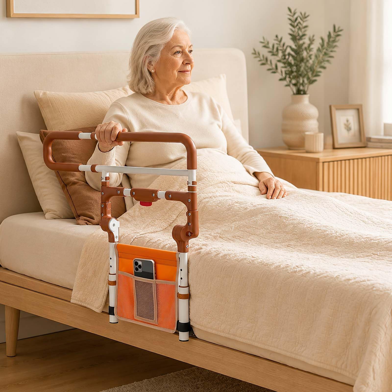 Sponda letto anziani pieghevole, sponde letto anziani regolabili | per materassi 20-33 cm, ausili per alzarsi dal letto con maniglia antiscivolo, tasca laterale e portata 200 kg