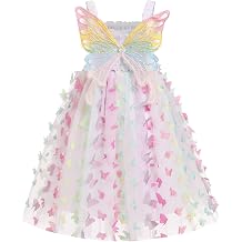 OBEEII Kids Girls Sleeveless Smocked 3D Butterfly Wing Tulle Tutu Dress A-line Sundress Princess Fancy Birthday Party Dress
