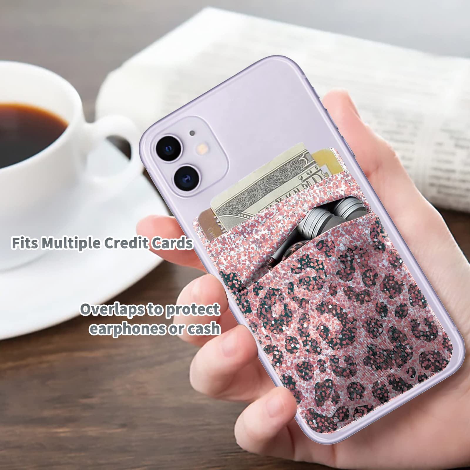 Stick On Cell Phone Wallet, Pink Glitter Leopard Stretchy Lycra Double Pocket Credit Card and Money Holder Adhesive Sticker Phone Pouch Sleeve for Back of iPad iPhone Android and All Smartphones