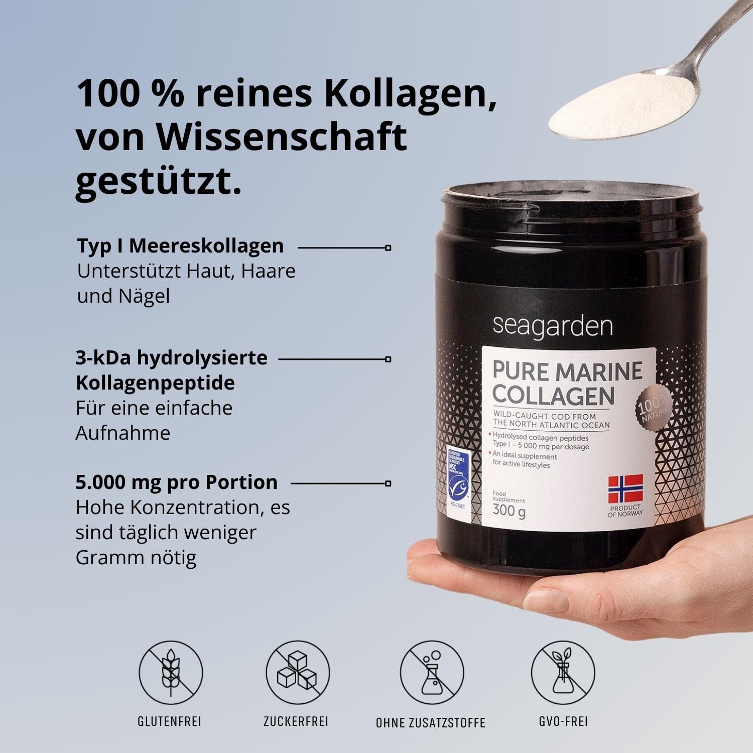 Seagarden Meereskollagen Typ 1 Pulver - 300 g, 60 Portionen