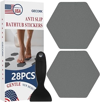 Gecork 28 PCS Shower Floor Non Slip Stickers with Strong Adhesive, Invisible & Durable Anti Slip Shower Stickers with Scraper for Bath Tub, Pools and Stairs, Grey, Hexagonal