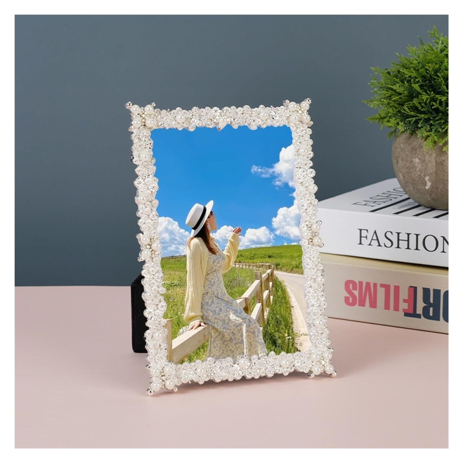 Cadre photo mariage perles métal blanc 8x10 objet prestigieux de table