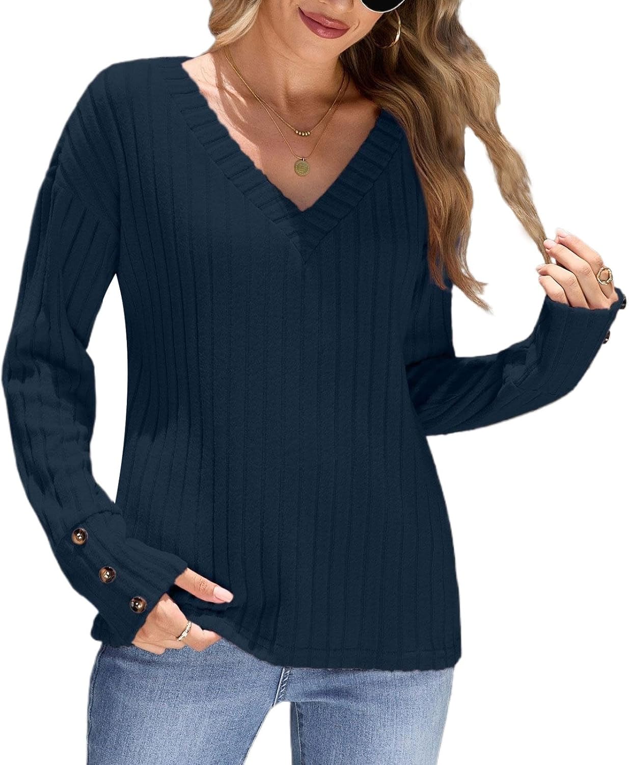 Women's V Neck Knit Sweater Long Sleeve Top with Button Cuffs Soft Casual Pullover Fall Outfits - Image 2