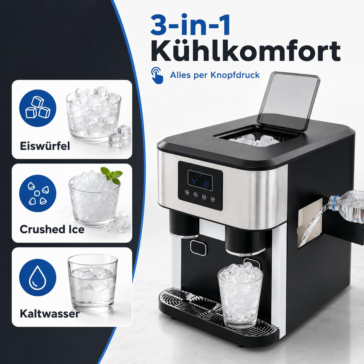 Macchina per il ghiaccio 3 in 1, dispenser di acqua, cubetti di ghiaccio e tritaghiaccio, LCD, 7-9 minuti, 16 ghiaccio | 16 sfere di ghiaccio per ciclo, 7-9 minuti. per passaggio, per casa, ufficio, caffè e bar, facile da usare, design compatto