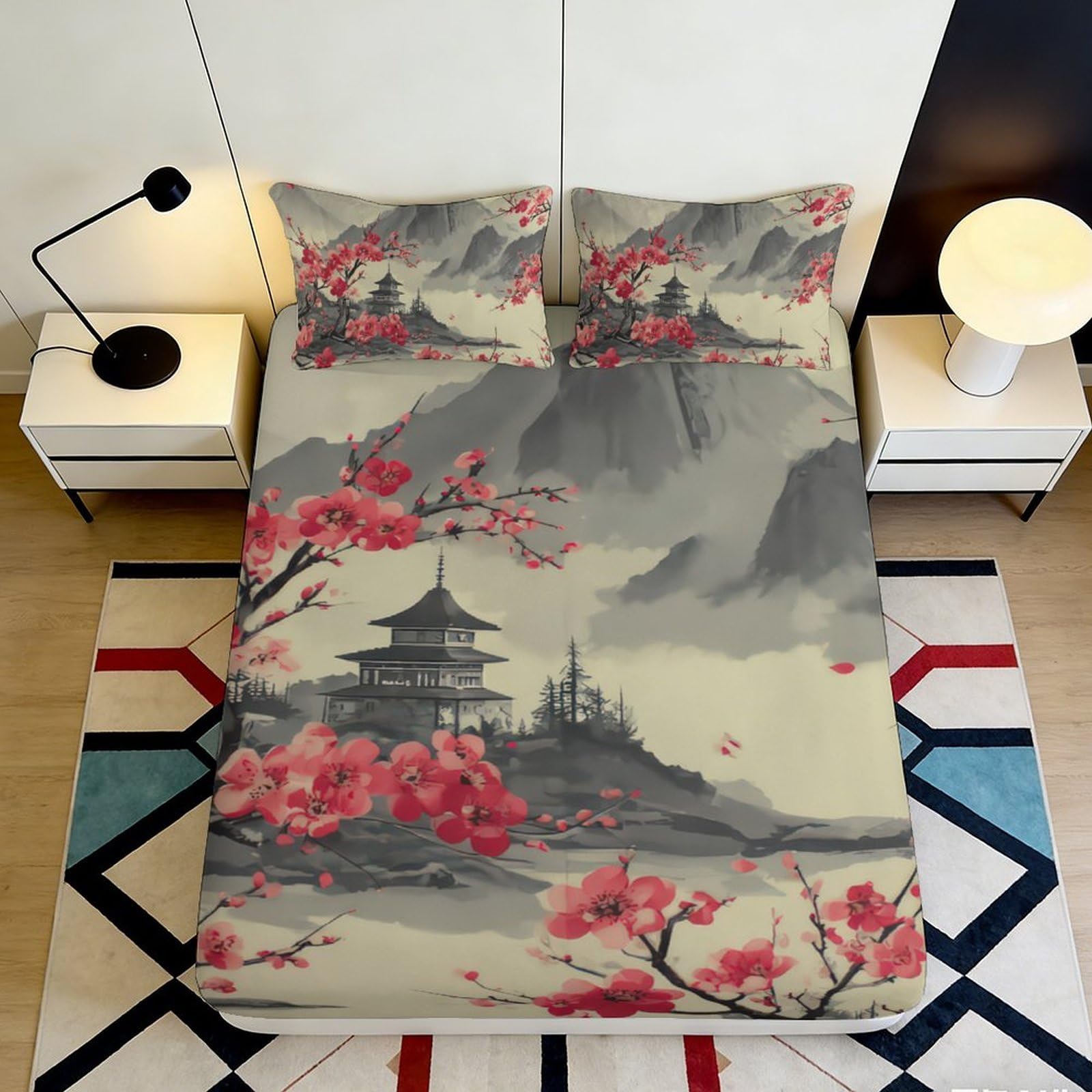 Pnayamiorkfel Style-2 3D Printed Japanese Pagoda Fitted Sheet Microfiber Soft Cherry Blossom Bed Cover For Bedroom Guest Room Decor 90X200x25cm