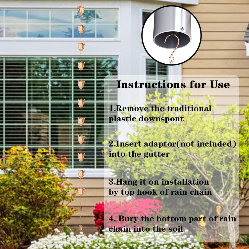 Rain Chains for Gutter, 8.3 Ft Tulip Rain Water Chain with 12 Cups, Adjustable Gold Rain Catcher Chain, Replacement Downspout for Gutters, Eaves Drainage Decor