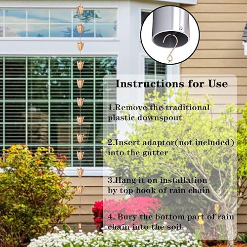 Miniatura 7 de Qipade Cadenas de lluvia para canalón, cadena de agua de lluvia de tulipanes de 8.3 pies con 12 tazas, cadena de recogedor de lluvia dorada