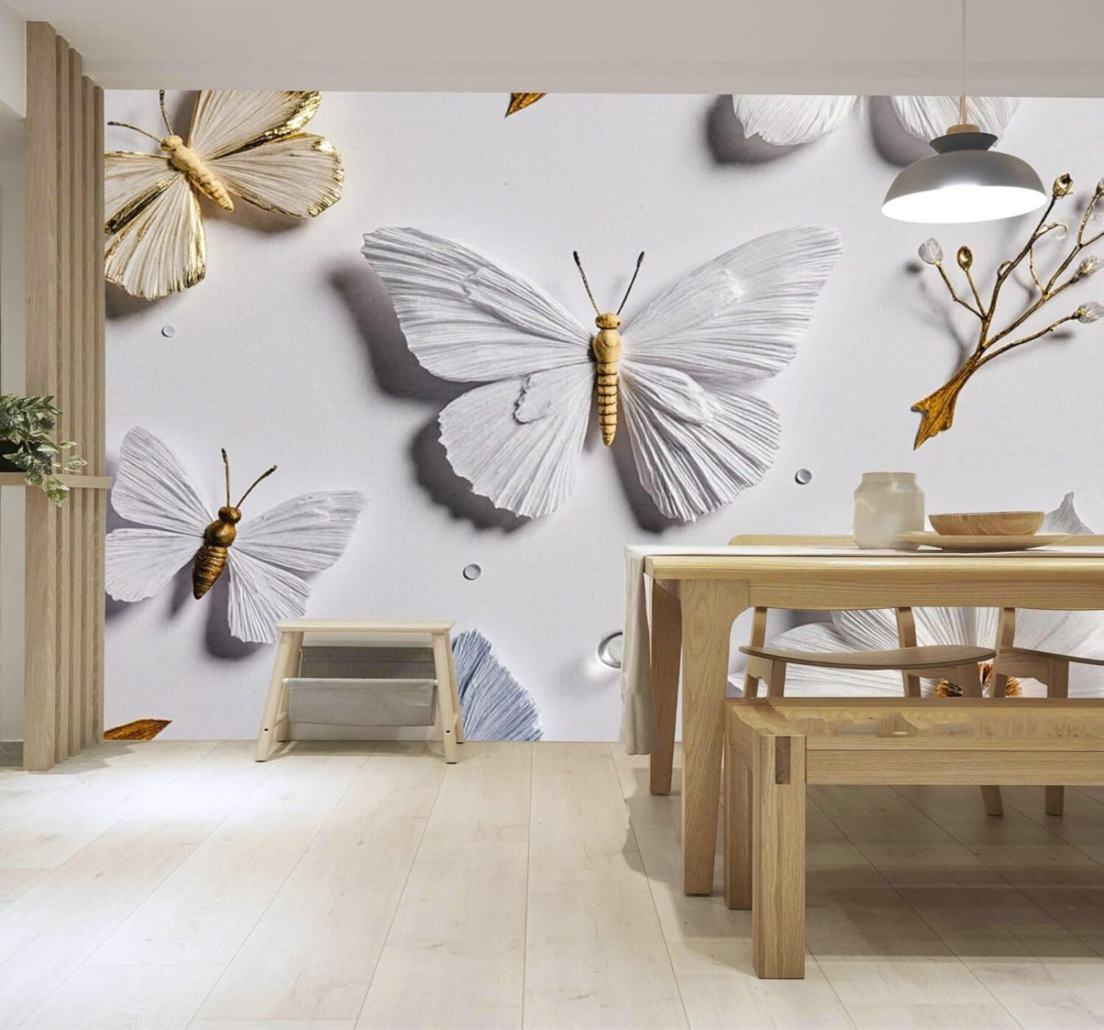 Papier Peint 3D Élégance Papillon Blanc Touches Dorées Minimalisme Art