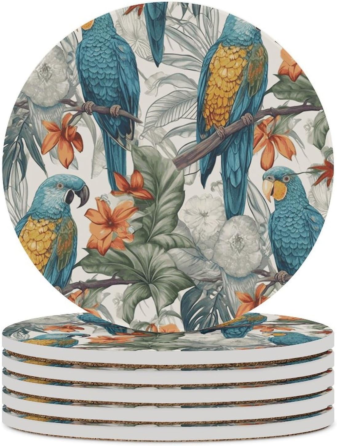 Parrots on Branches Coasters Round Coasters Set Ceramic Stone Coaster with Cork Base Coffee Cup Beverage Cup Mat Cute Funny Table Drinks Coaster for Mugs and Cups Office Kitchen