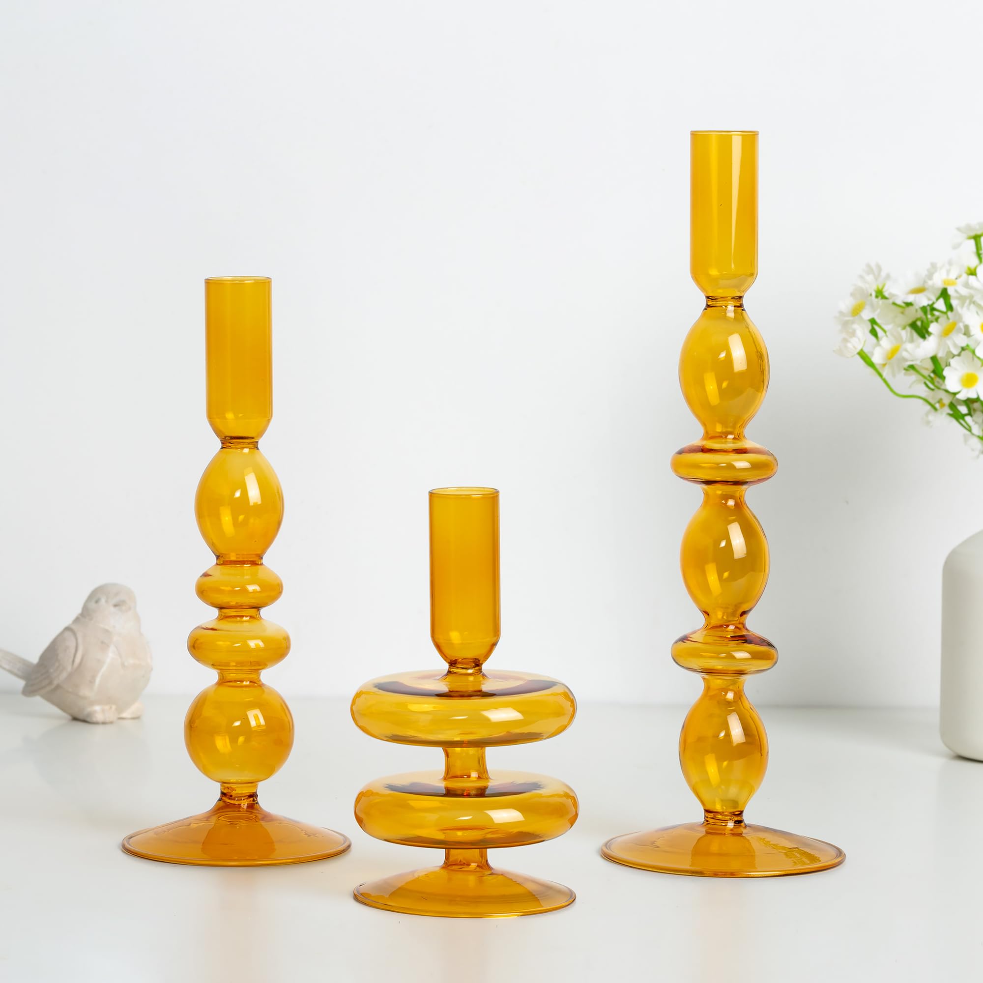 Hewory Glass Candlestick Holders: Amber Glass Taper Candle Holders Set of 3 Vintage Candle Stick Candle Holder, Colorful Glass Candle Holders for Table Centerpiece, Wedding, Dinner, Party, Home Decor