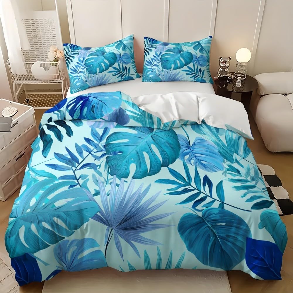 Tropikalna roślina, monstera, oddychająca, przyjemna poszwa na kołdrę, 3-częściowa, 155 x 220 cm, miękka poszewka na kołdrę z mikrofibry, niebieska, odpowiednia dla dzieci i dorosłych, kreatywna