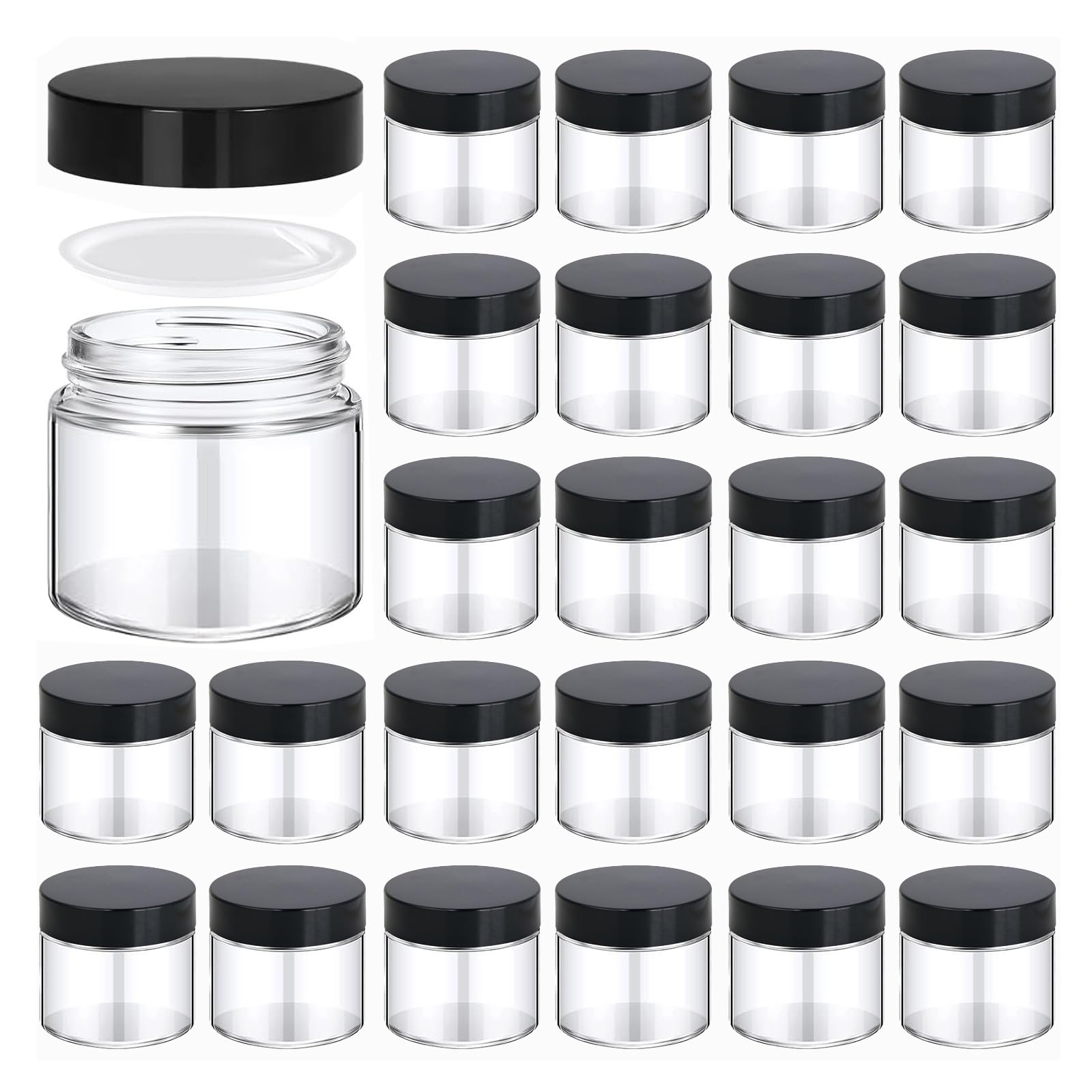 BPFY 24 Pack 2 oz Glass Jars with Lids Small Glass Cosmetic Containers with Black Lids Empty Jars for Lip Balm, Skincare, Salve, Cream, Travel Size (2