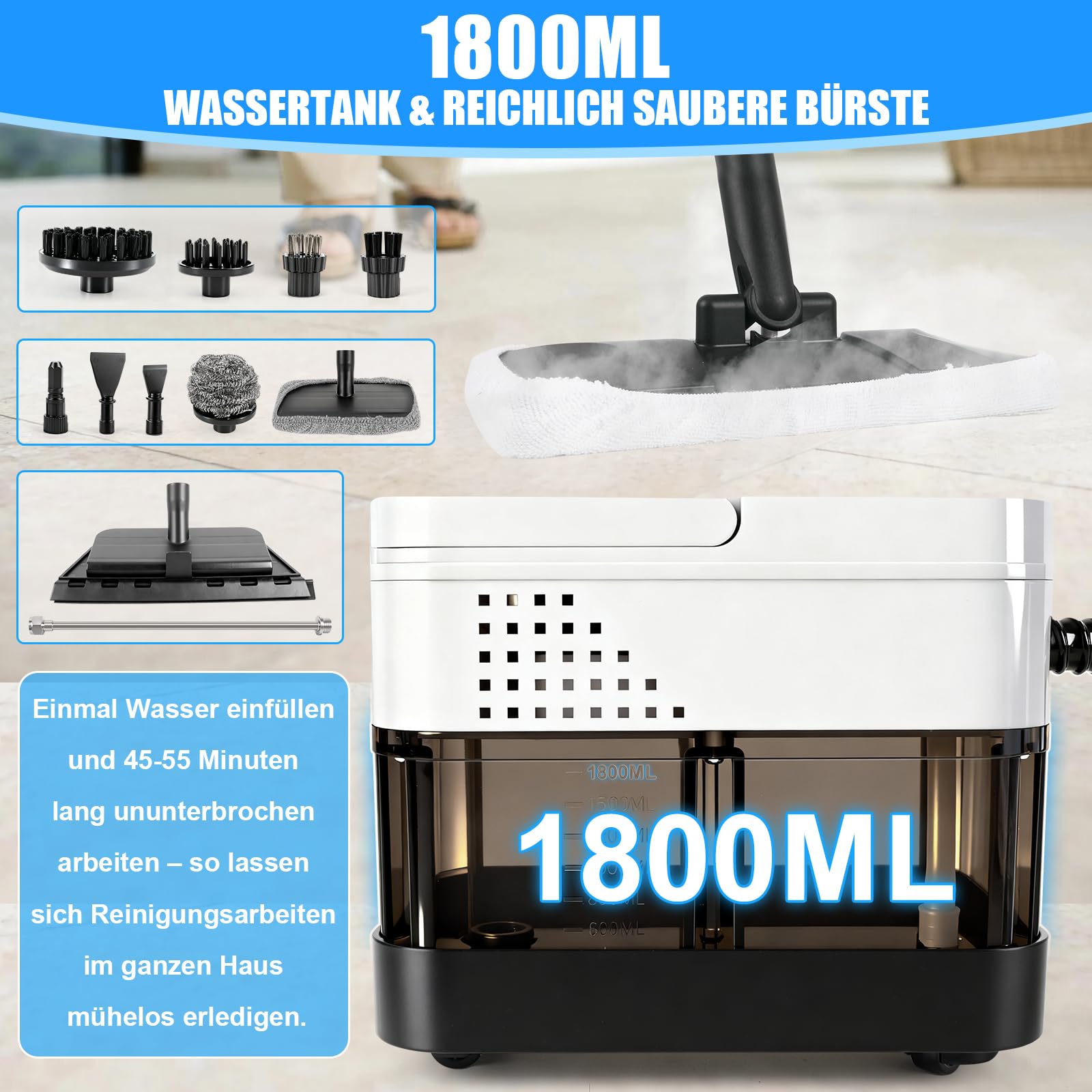 Dampfreiniger Handgerät,2500W Hand Dampfreiniger für alles mit 19 Zubehör, Dampfdruck 1800ML Tank,Tragbarer Steam Cleaner für Fenster, Küche, Boden,Auto