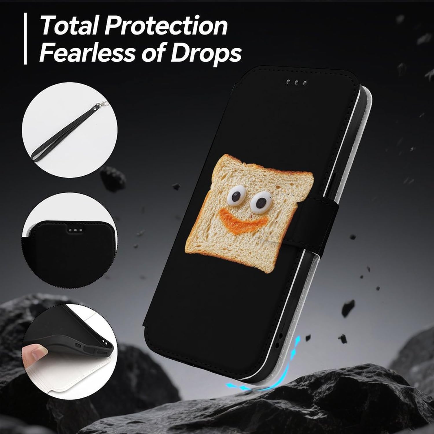 Funny Toast Slices Compatible with iPhone 16/16 Plus/16 Pro/16 Pro Max/16 E Case Phone Wallet Card Holder Flip Cover with Wrist Strap