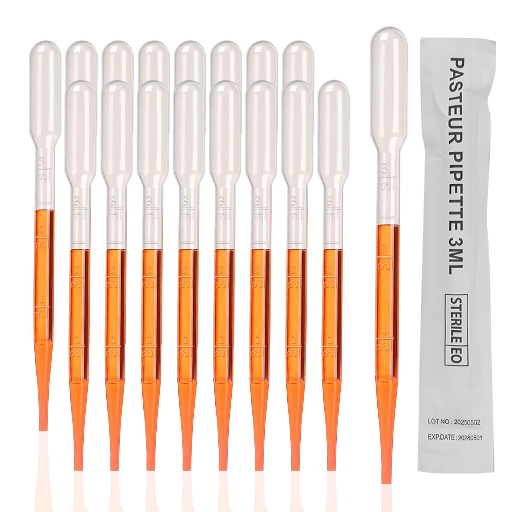 PEKYBIO Pipetas Pasteur estériles de 3 ml, desechables, de plástico, 100 unidades, pipetas de laboratorio calibradas graduadas, polietileno de baja densidad (LDPE), paquete de pelado individual, vol