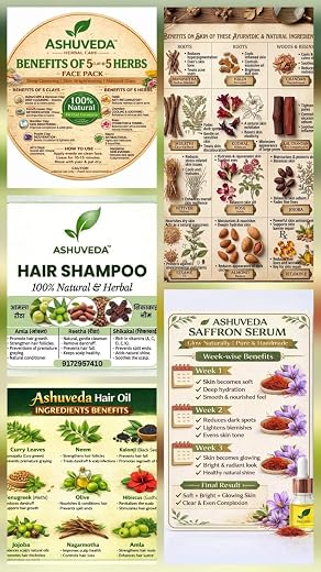 Ashuveda Herbal hair and face Care Kit, Hair Oil, Shampoo, 5 Clay + 5 Herbs Face Pack, Soap, Handmade Serum, 100% Natural