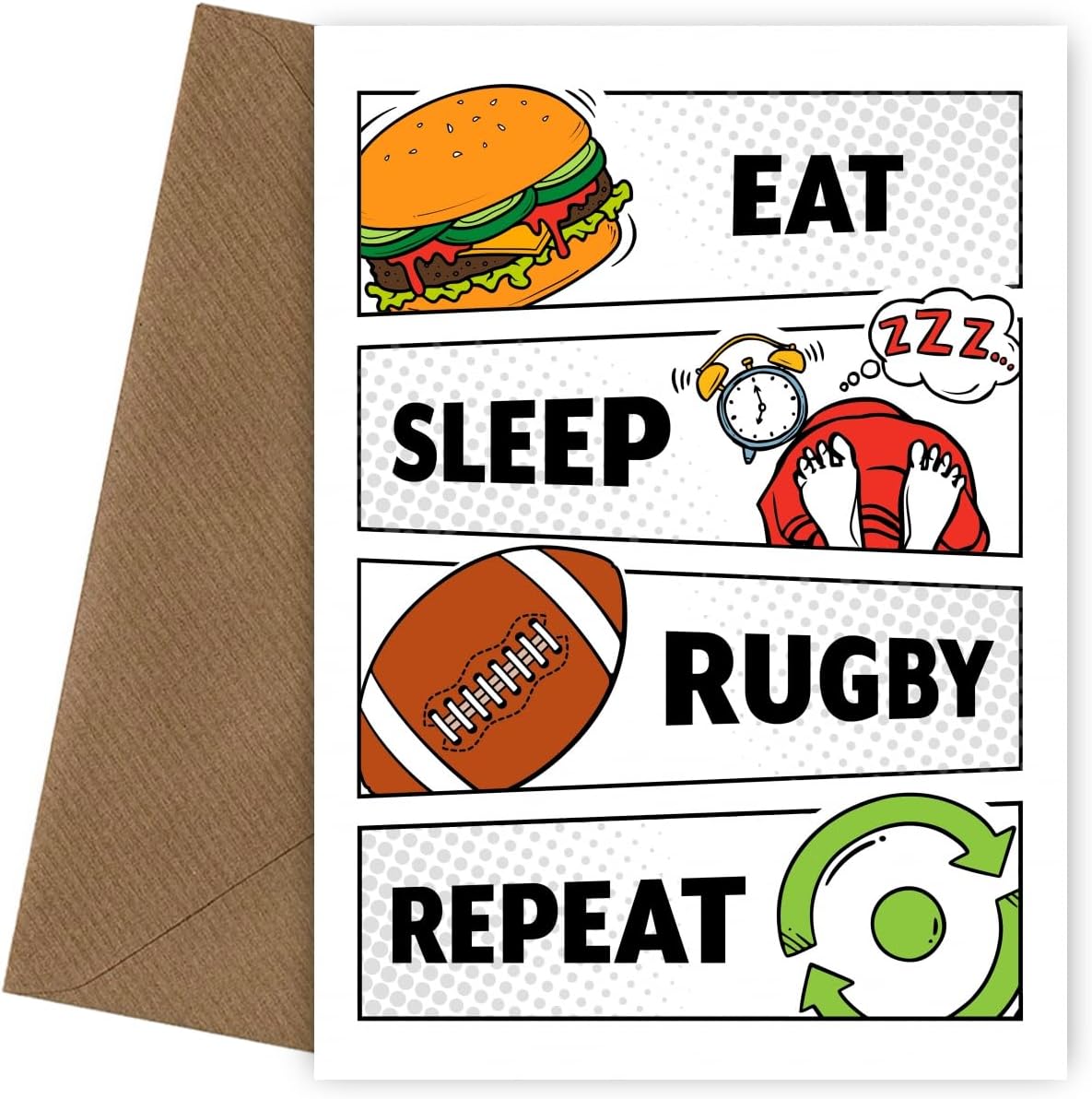Rugby Birthday Card for Son Adult Grandson Boy - Eat Sleep Rugby Repeat - Sporty Birthday Card for 10 Year Old Boy, 11th, 12th, 13th, 14th, 15th, 16th