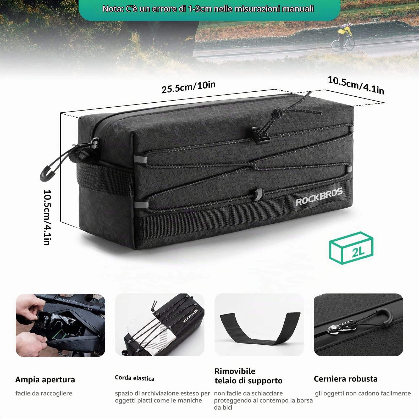 ROCKBROS Borsa Manubrio Bici Multifunzione 2L Tracolla Portatile Scooter | Convertibile in Borsa a Tracolla, Capacità Spaziosa 2L, Leggero e Resistente. Compatibile con MTB, Scooter e Monopattini