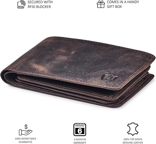 Miniatura 6 de Cartera de piel auténtica para hombre, con bloqueo RFID, funda para tarjetas de alta capacidad con 2 ventanas de identificación en caja de regalo