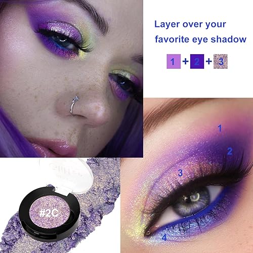 Miniatura 5 de Afflano Sombra de ojos única morado-dorado brillante, sombra de ojos multicolor cromo duo, sombra de ojos holográfica con purpurina, cambio de color
