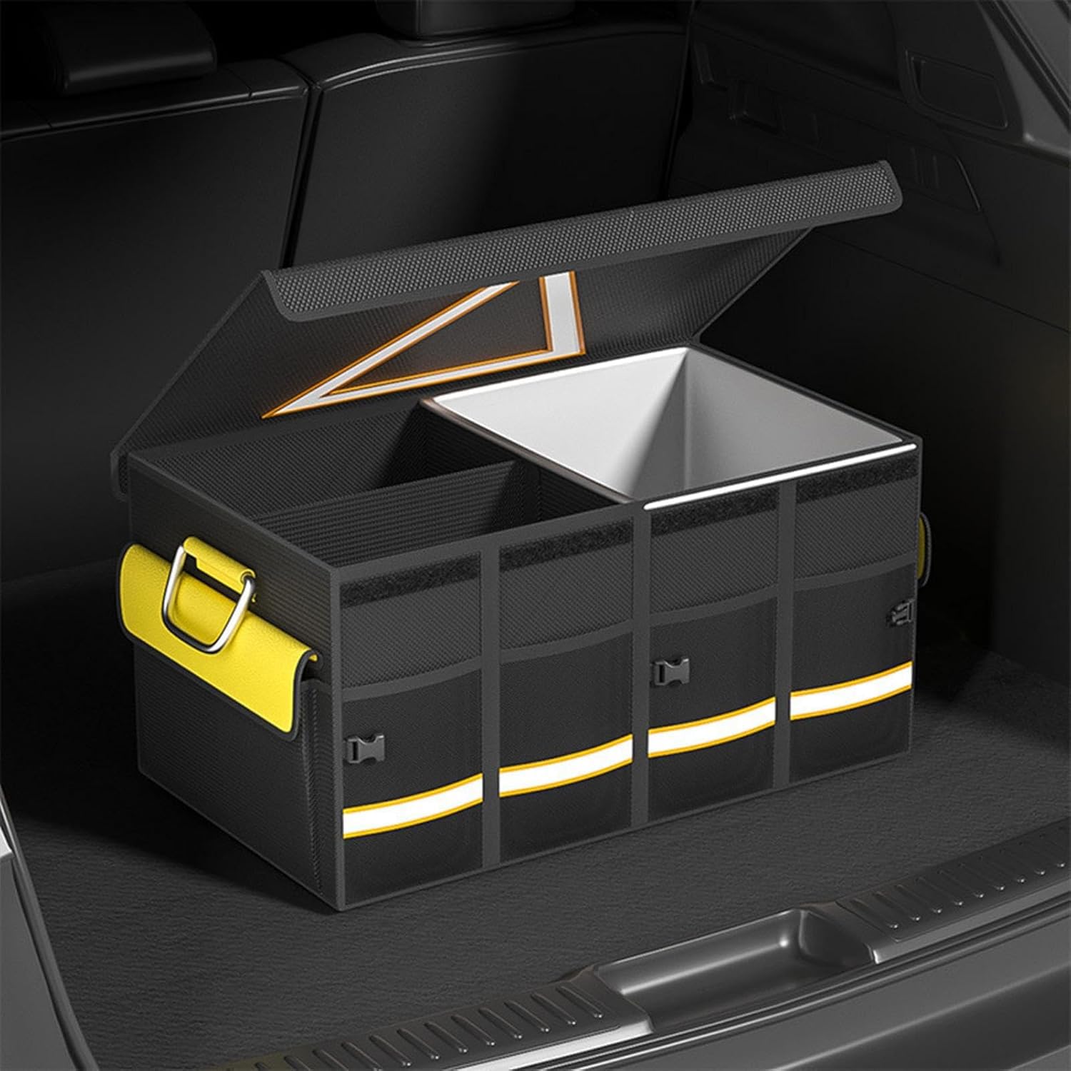 Organizer per bagagliaio con coperchio, 68 l, pieghevole, multifunzione, pieghevole, per auto, bagagliaio, impermeabile, per tutte le auto, campeggio, picnic, shopping (4 scomparti)