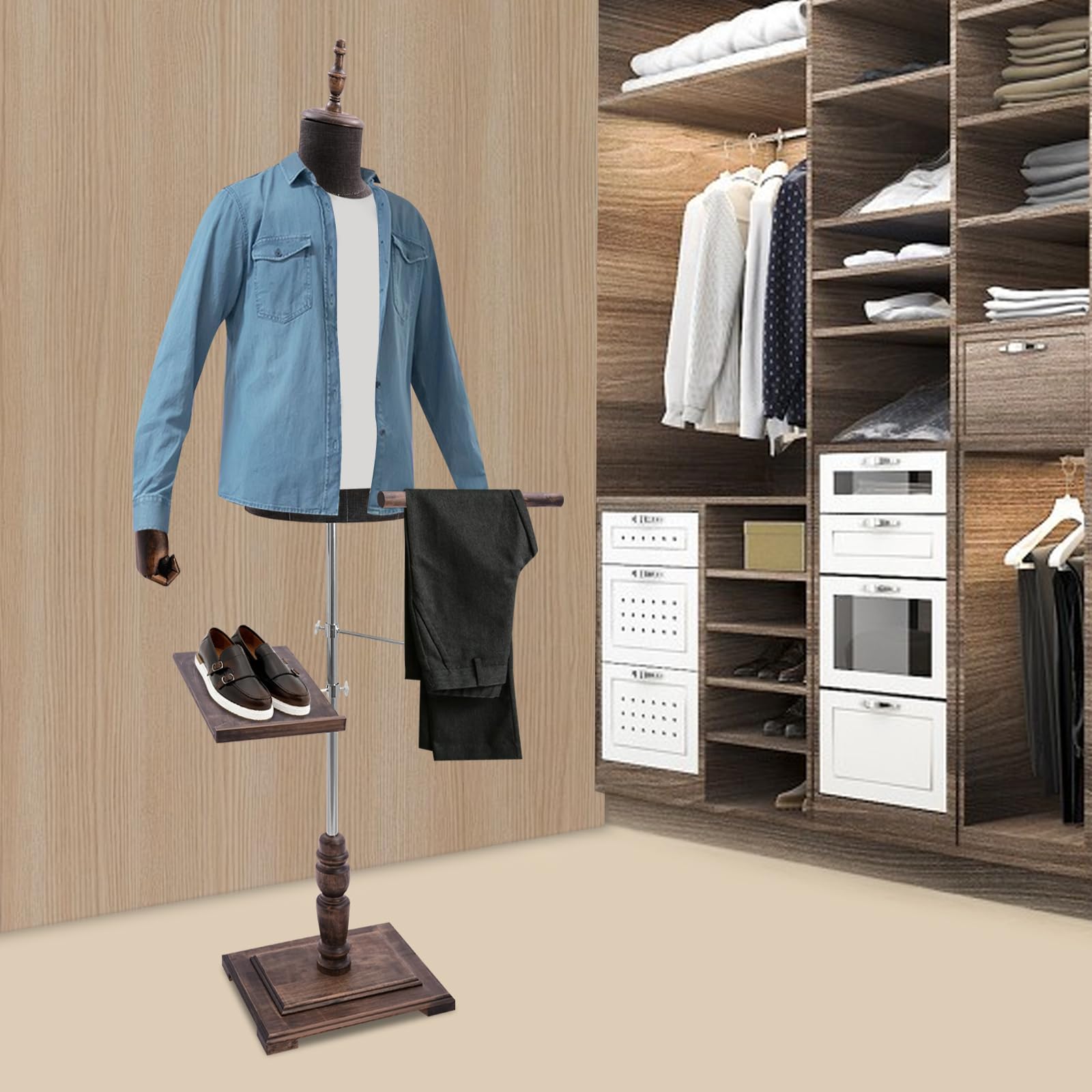 Mannequin de Couture pour Homme - Hauteur réglable - Buste pour Homme - avec Porte-Pantalon et Porte-Chaussures pour Exposer et Coudre (Marron)