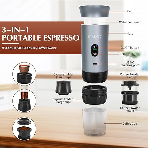 Miniatura 2 de Máquina de café espresso portátil 3 en 1 para viajes y campamentos, cafetera portátil de 20 bares con pantalla LED USB-C, cafetera para automóvil,