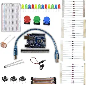Kit UNO R3 Iniciante, Protoboard 400 Pontos, LEDs, Resistores, Sensores, Jumpers e Componentes Eletrônicos