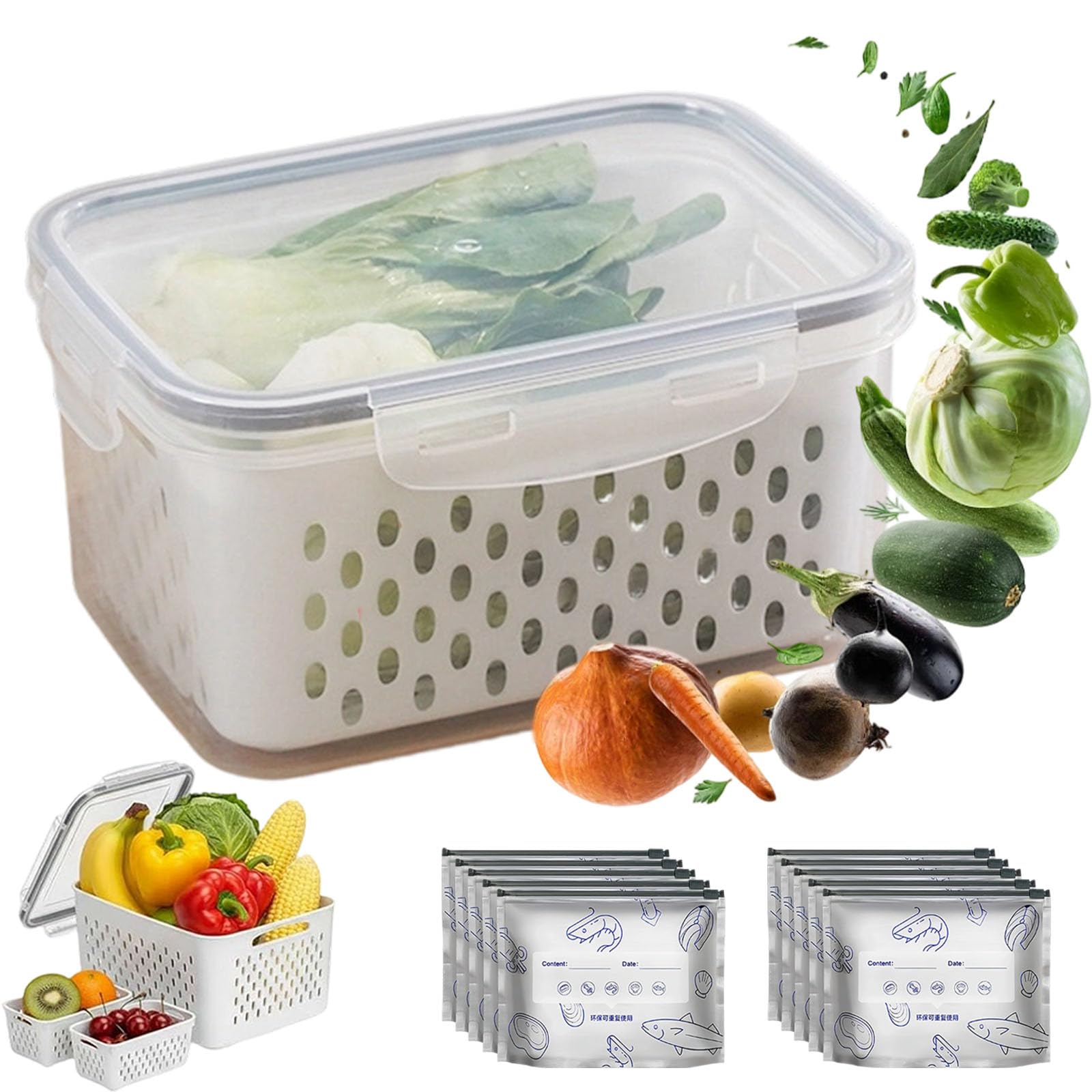 tiwuuyo Fruit Storage Container Set for Fridge with Removable Colander, Refrigerator Food Storage Containers with lids, Fruit and Vegetable Storage Organiser, Keep Food Berries Fresh (Gray m)