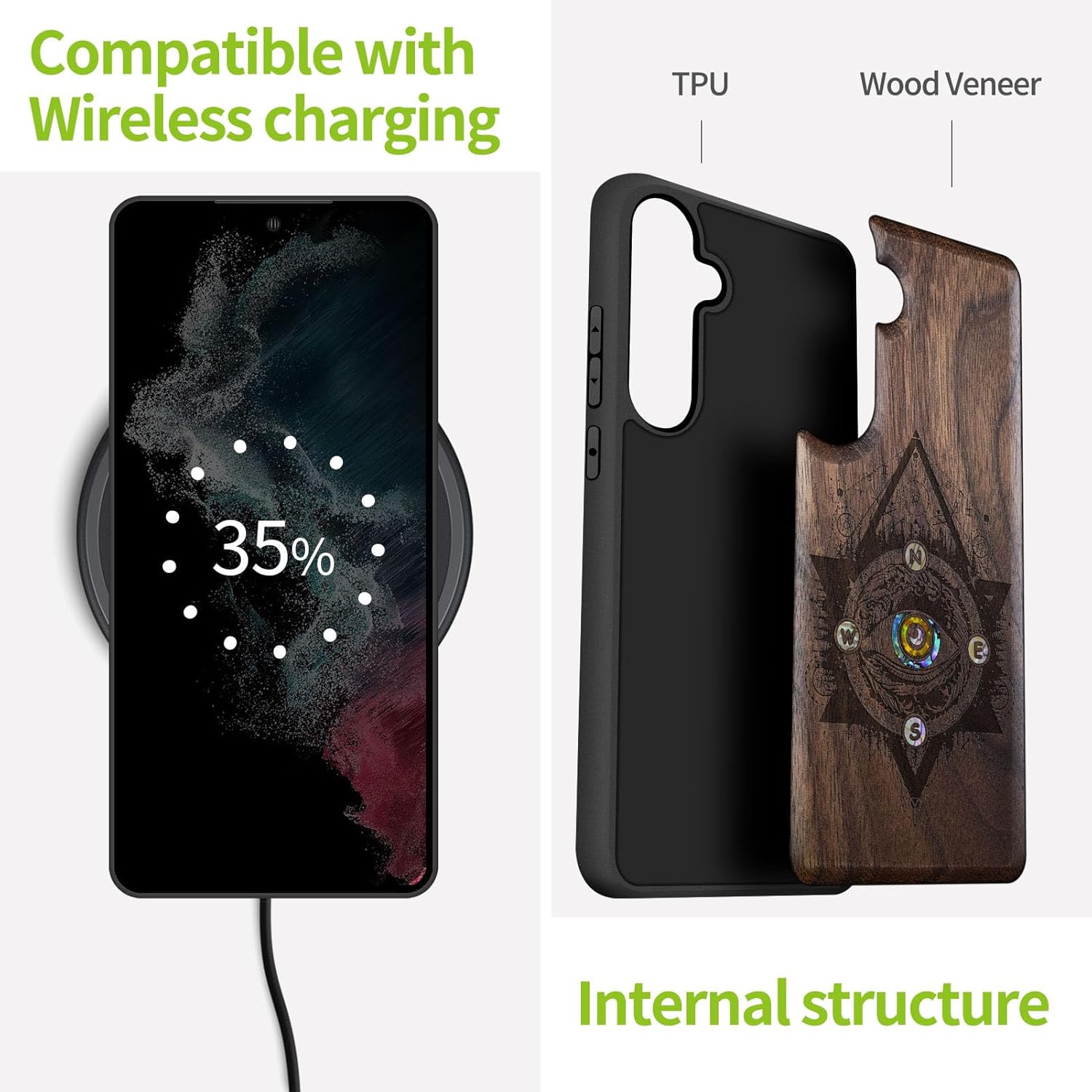 Carveit Designer Wooden Case for Samsung Galaxy S24 FE Case [Wood Engraving & Shell Inlay] Compatible with Wireless Chargers S24 FE Cover (Storm Eye-Walnut)