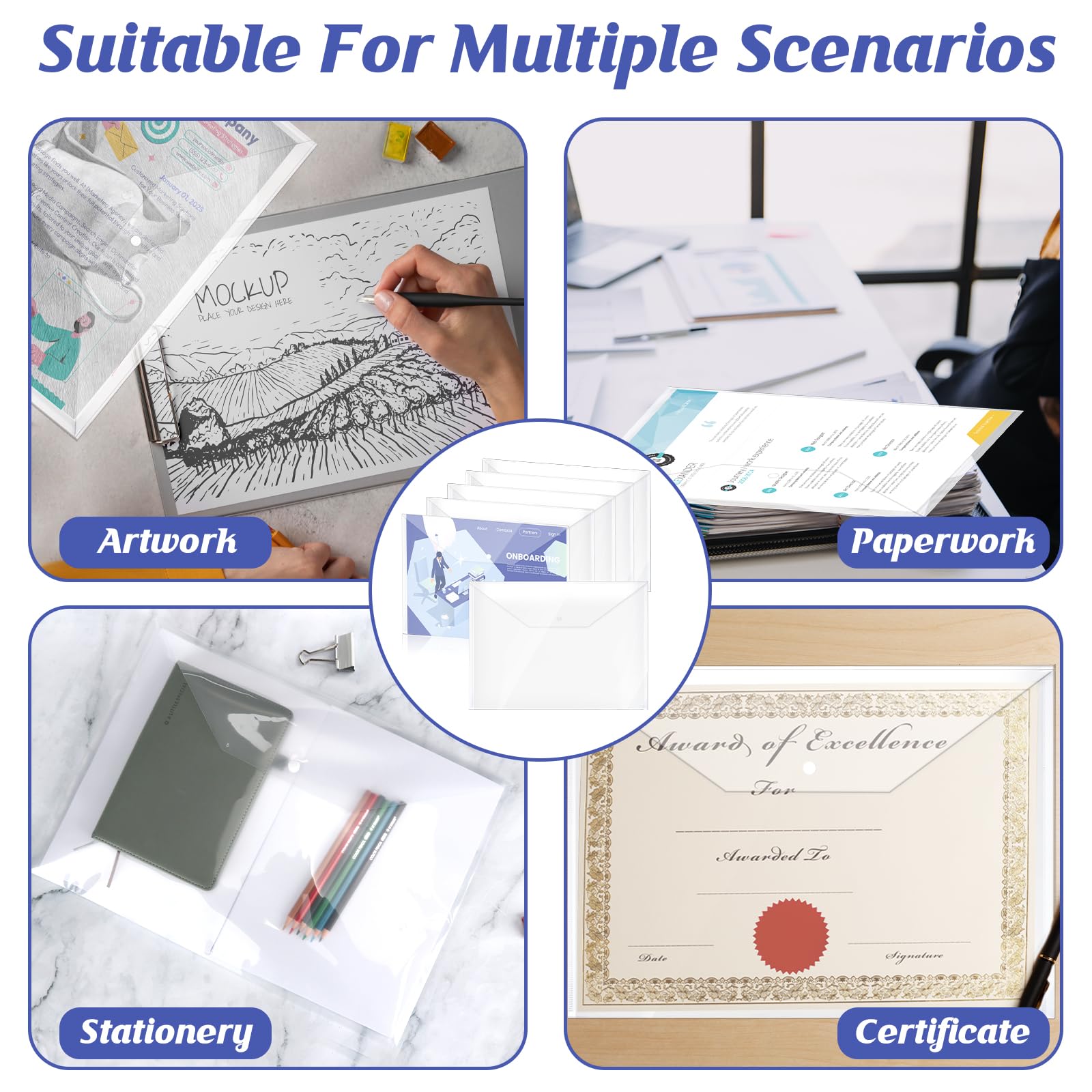 12 Pack A3 Clear Plastic Wallets Transparent A3 Press Stud Wallets Document Holder Waterproof Plastic Wallet Folder Envelope Folders Landscape Document Organizer for Office School Home - Image 4