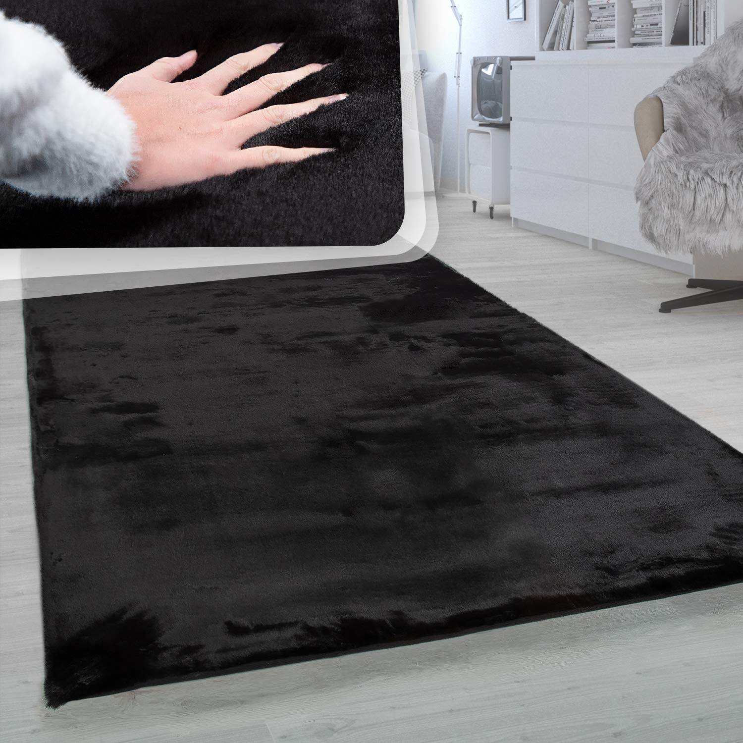 Paco Home Tapis Poils Longs Salon Fausse Fourrure Imitation Fourrure De Lapin Très Douce Noir, Dimension:​160 cm Rond