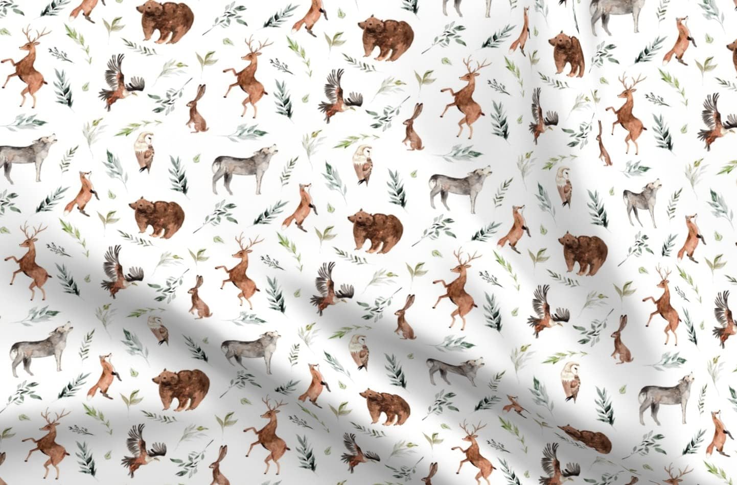 Spoonflower Fabric - Run Wild Woodland White Watercolor Deer Bear Bears Boy Fox Foxes Wolf Printed on Polartec(R) Fleece Fabric by The Yard - Sewing Blankets Loungewear and No-Sew