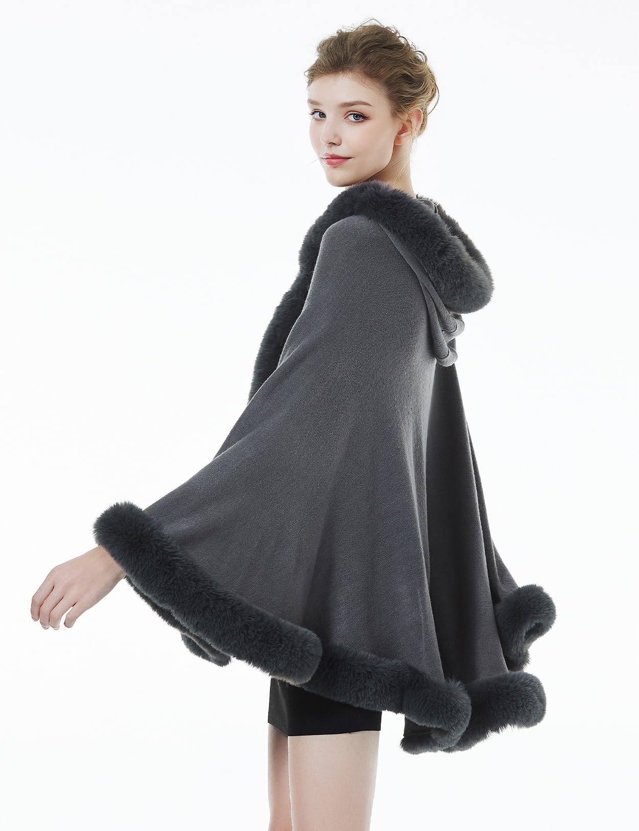 BEAUTELICATE Poncho Mantella di Pelliccia Sintetica Donna Invernale Stola Scialle con Cappuccio Lavorata a Maglia Cardigan per Cerimonia Festa Matrimonio