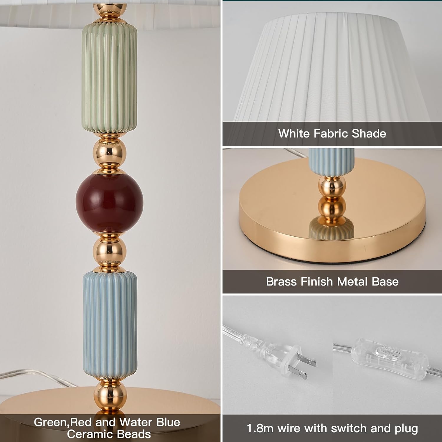 White Fabric Shade Table Lamp Modern Metal Desk Lamp with Plug Cord Switch for Bedroom Bedside