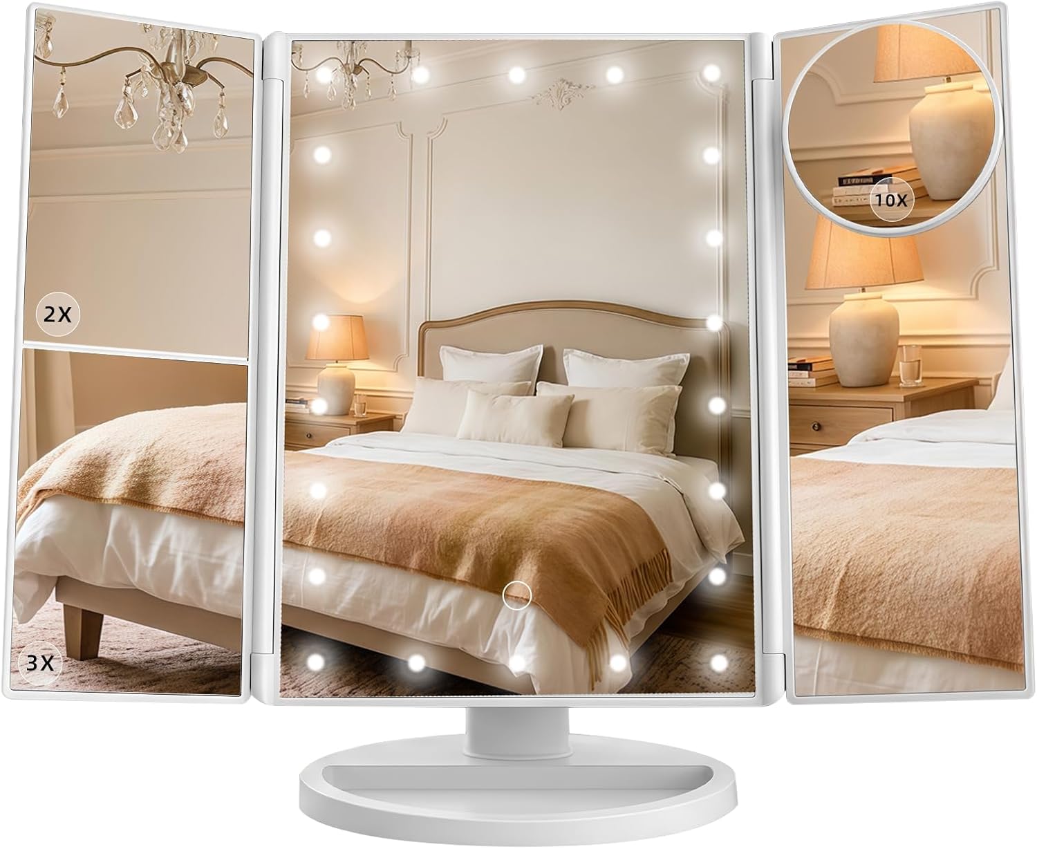 Makeup Mirror with Lights, Vanity Mirror with 2X/3X/10X Magnification, Touch Control, Tri-Fold LED Lighted Mirror, Dual Power Supply, Birthday Gifts for Women, Wife, Mom, Girls,Dorm Room Essentials
