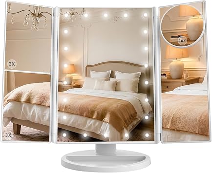 Lighted Makeup Mirror with Magnification, Tri-Fold LED Vanity Mirror